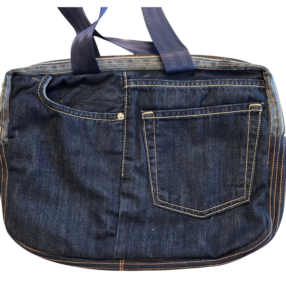 Handmade Upcycled Denim Laptop Bag 12x16 Floral Lined Jean Pocket Tote 1of1 Kind